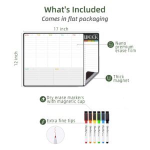 Magnetic Dry Erase Weekly Calendar - 17"x12" Weekly Planner for Fridge - 6 Extra Fine Point Markers Included - Shipped Flat