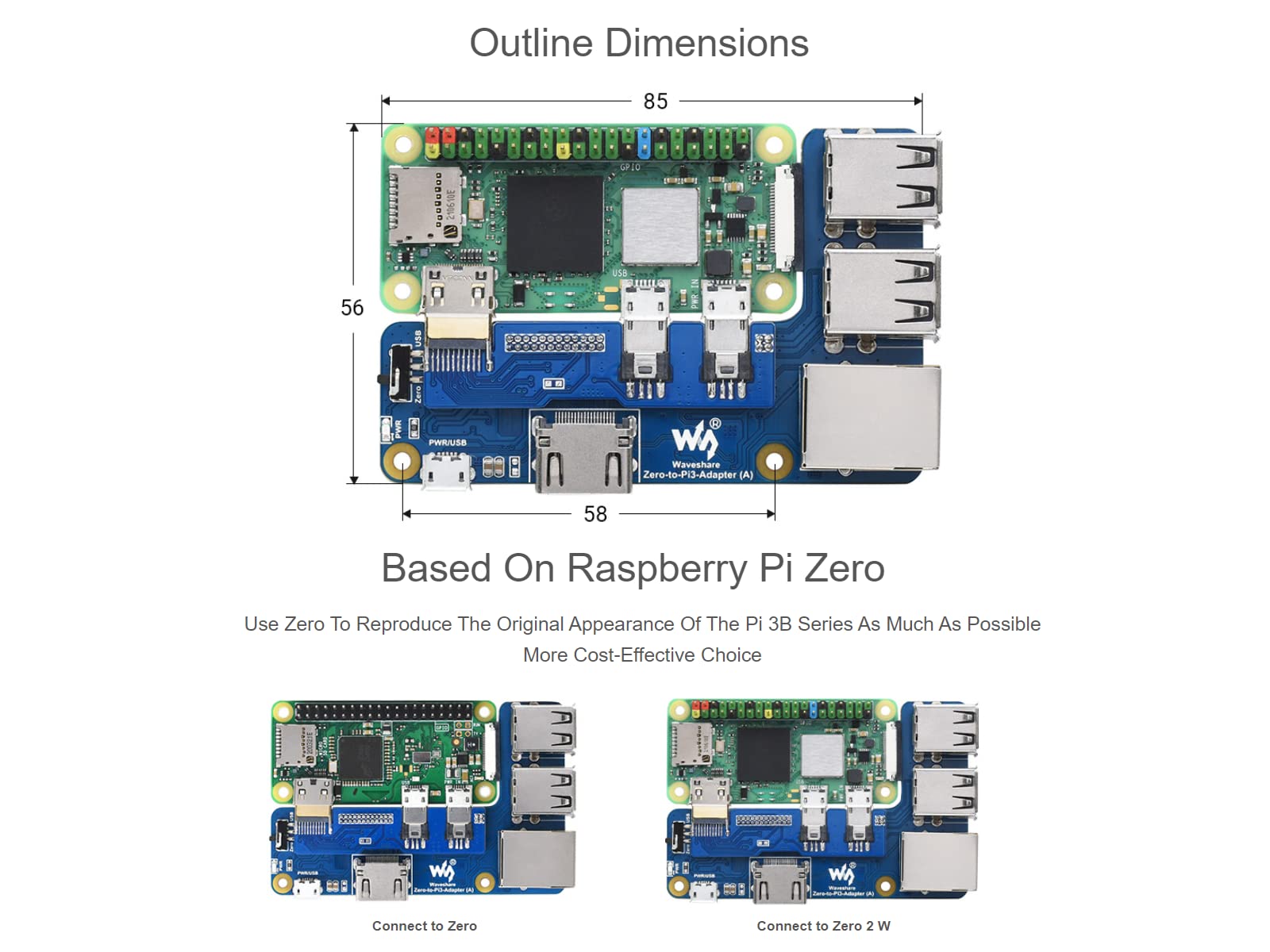 waveshare Pi Zero to Raspberry Pi 3B/B+ Adapter,Based on Raspberry Pi Zero to Reproduce The Original Appearance of The 3B Series,Alternative Solution for Raspberry Pi 3 Model B/B+