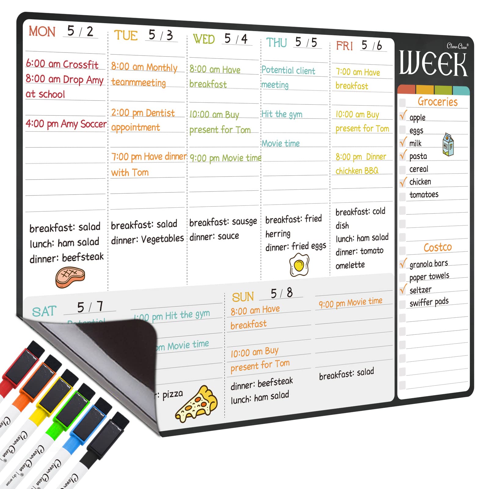 Magnetic Dry Erase Weekly Calendar - 17"x12" Weekly Planner for Fridge - 6 Extra Fine Point Markers Included - Shipped Flat