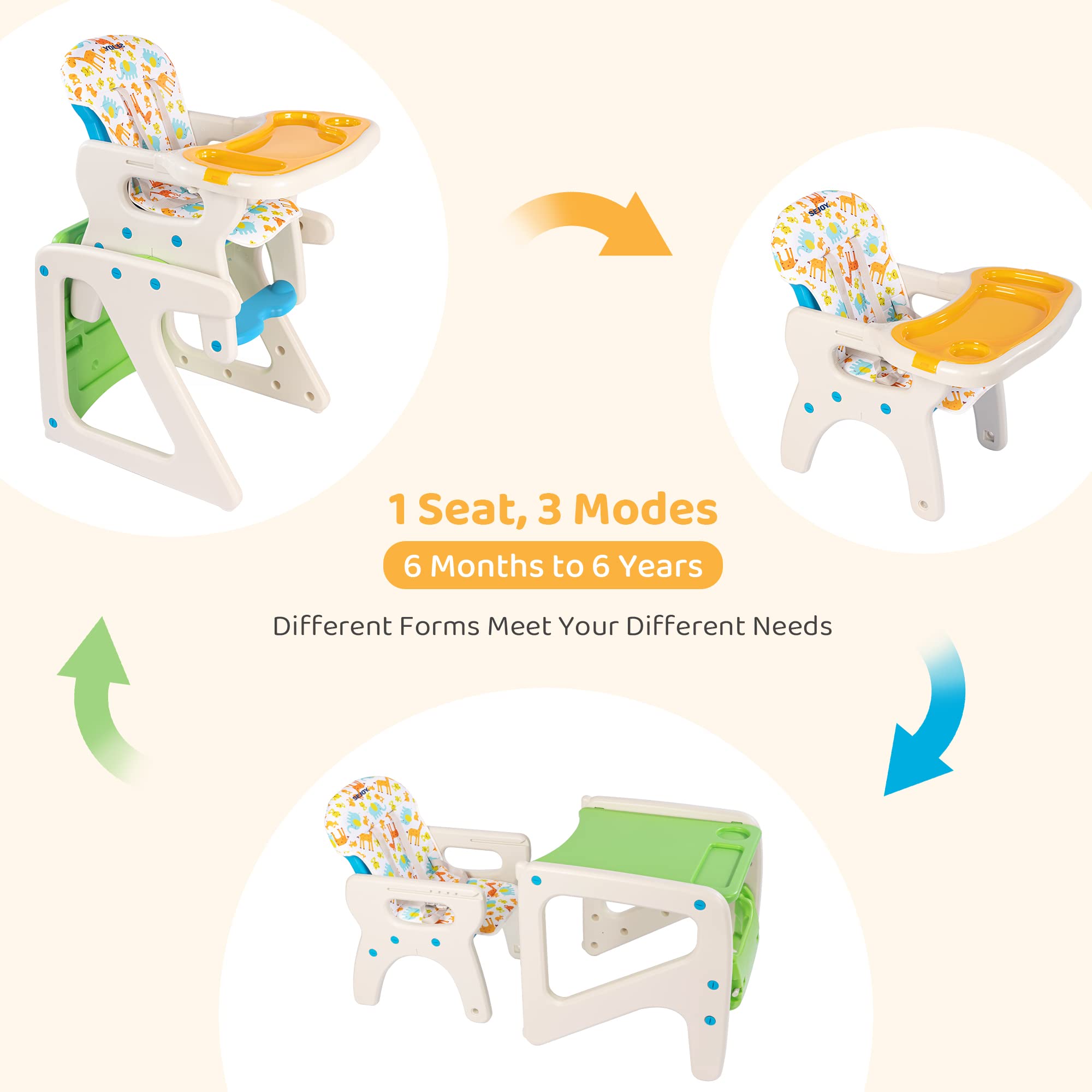 Baby High Chair, Toddler Chair Highchairs with Adjustable Seat Back Detachable Seat Cushion and Double Removable Tray for Baby Infants Toddlers, Easy to Clean, Green