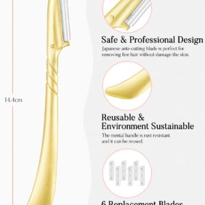 ennva Eyebrow Razor for Women - Eyebrow Trimmer Dermaplaning Tool- Ergonomic Eyebrow Shaper and Facial Razor for Peach Fuzz-Exfoliating Face Razor for Eyebrows-Eye Brow Shaver Razors w/ 7 Blades- Gold