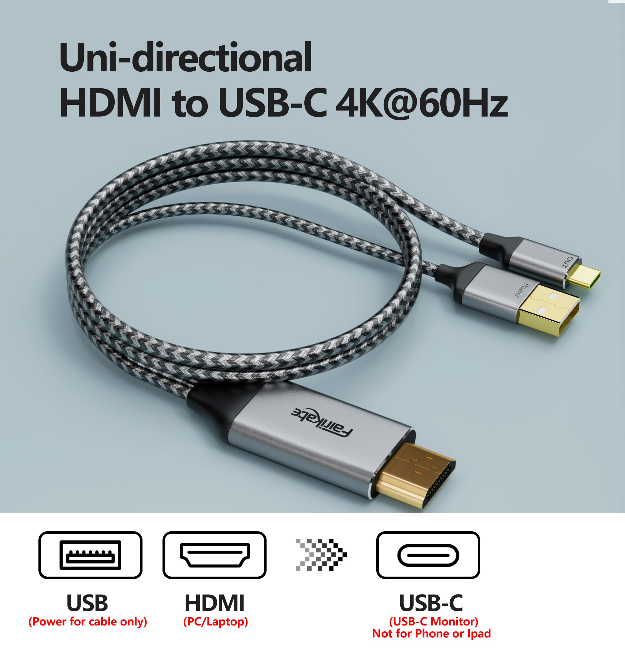 HDMI to USB C Adapter Cable 4K60Hz 6.6FT, HDMI Source Input to USB Type C Output Display Converter, HDMI 2.0 Compatible with Xreal Air, Nreal Air, Steam Deck Dock, PS5, Xbox, Portable Monitor