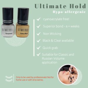 Sensitive Eyelash Extension Glue Ultimate Hold - Cyanoacrylate-Free, 3ml, Low Fume, 0.5-1.5 Sec Drying, Up to 6-Week Retention - Professional Adhesive for Semi-Permanent Lashes (Black)