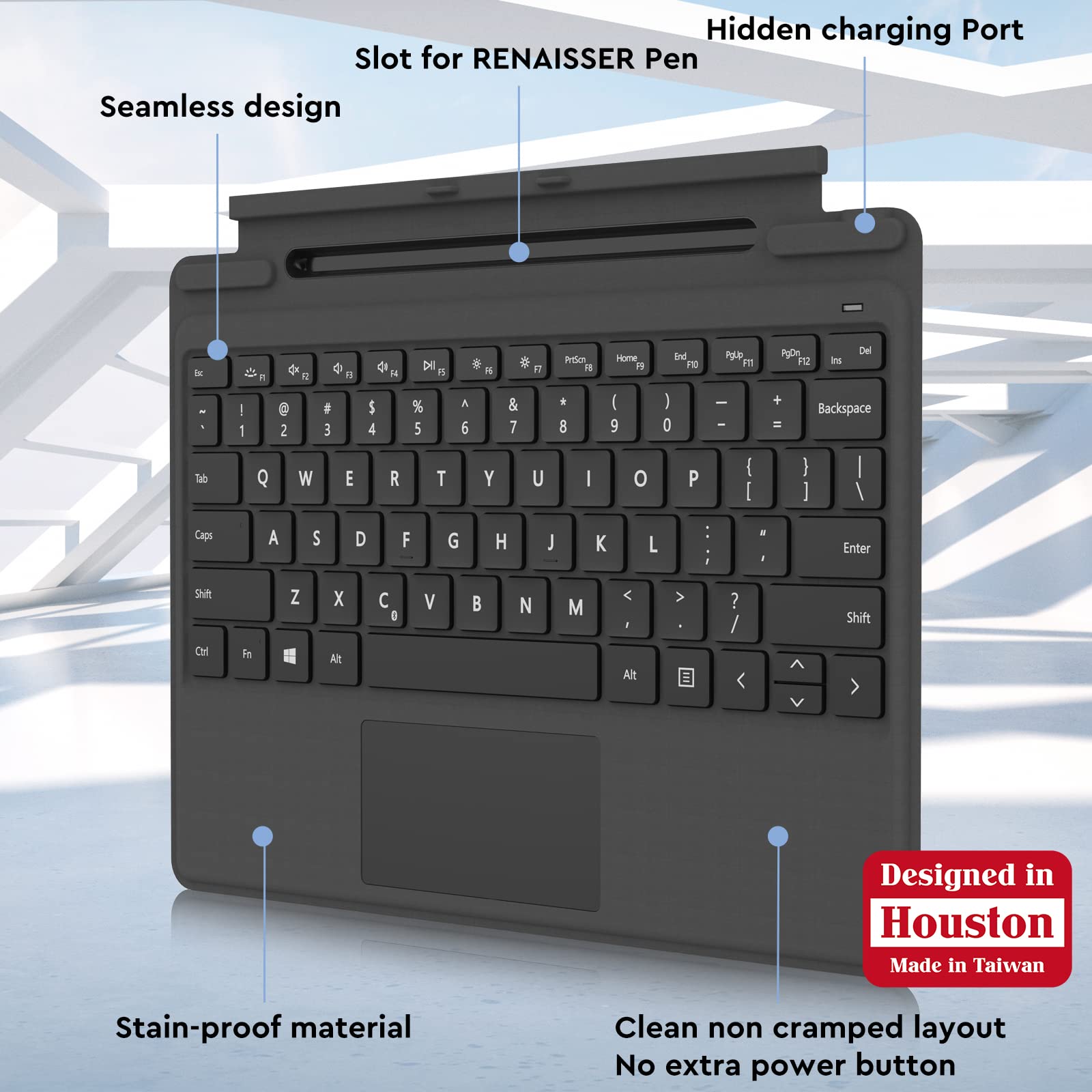 RENAISSER Pelican K8 Keyboard for Surface Pro 9/8/X, Designed in Houston, Hidden Charging Port, Pen Slot Pens, Smart Power Management, Backlight, Original Surface Pro Keyboard Layout