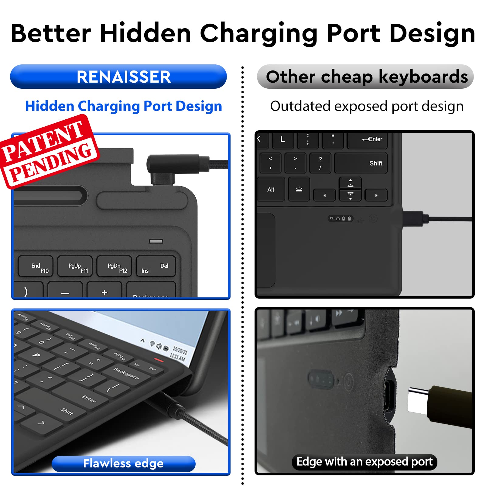 RENAISSER Pelican K8 Keyboard for Surface Pro 9/8/X, Designed in Houston, Hidden Charging Port, Pen Slot Pens, Smart Power Management, Backlight, Original Surface Pro Keyboard Layout