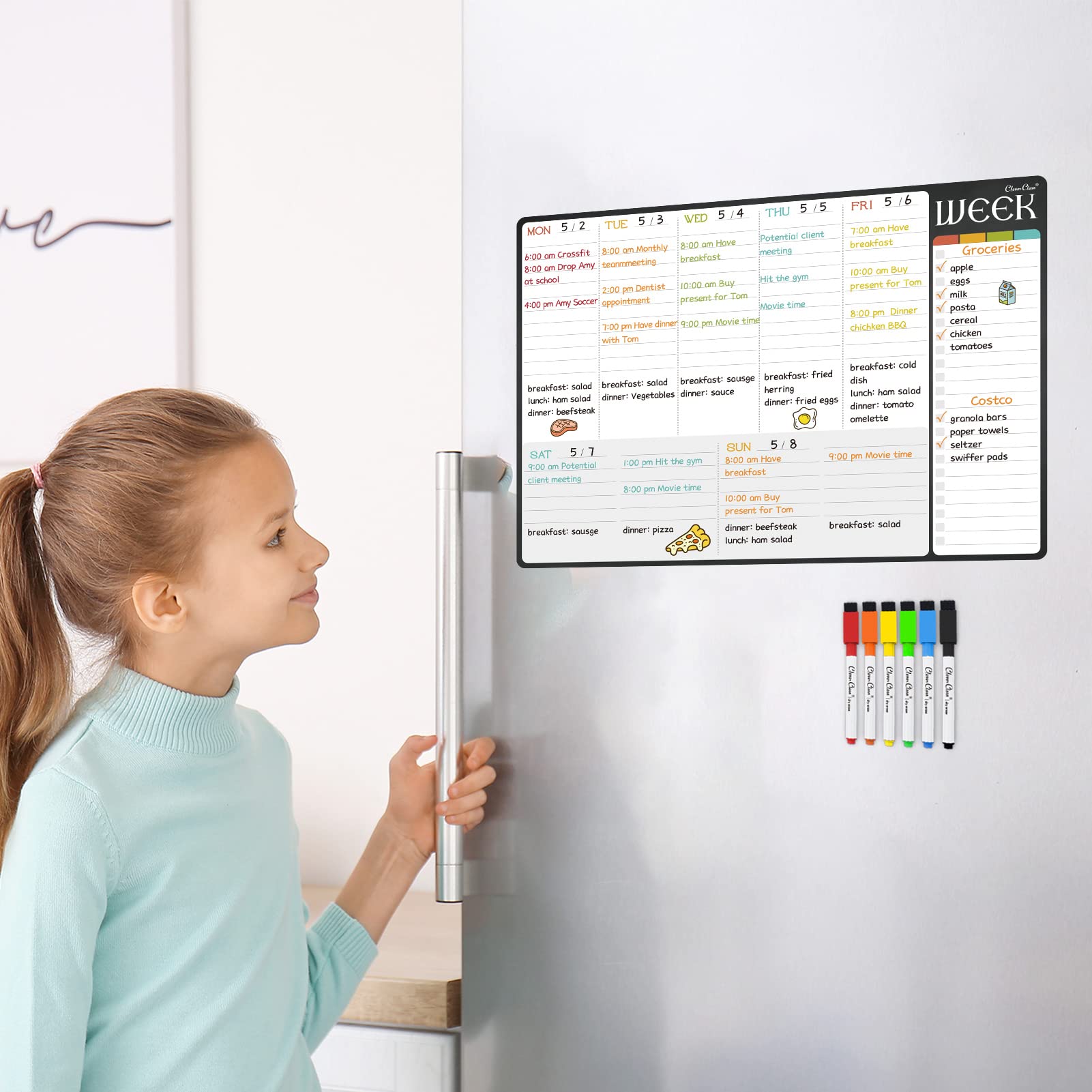 Magnetic Dry Erase Weekly Calendar - 17"x12" Weekly Planner for Fridge - 6 Extra Fine Point Markers Included - Shipped Flat