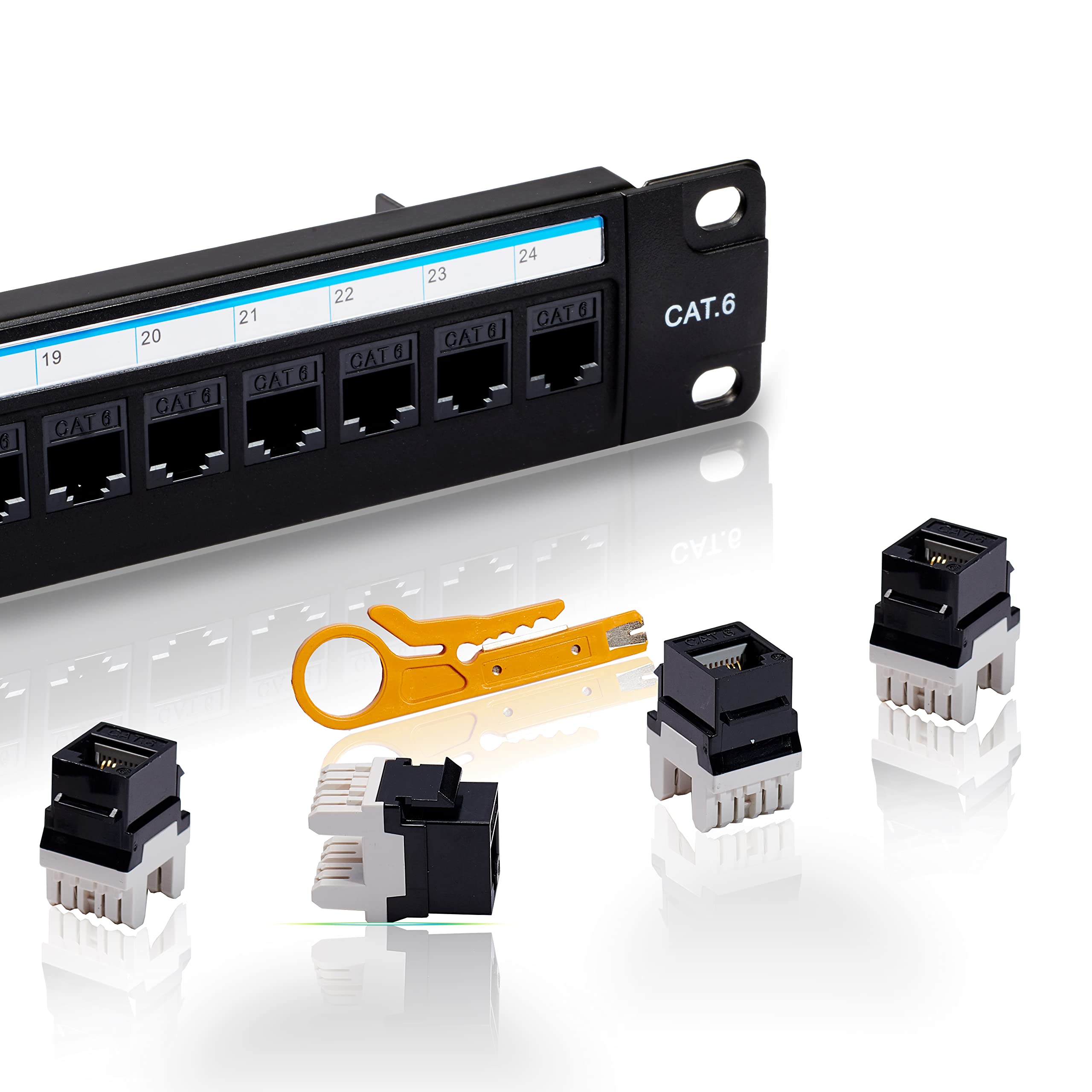 Lysymixs Cat6 Patch Panel 24 Port with Keystone, RJ45 Network Patch Panel 19 Inch, Punch Down Keystone Ethernet Patch Panel with Back Bar