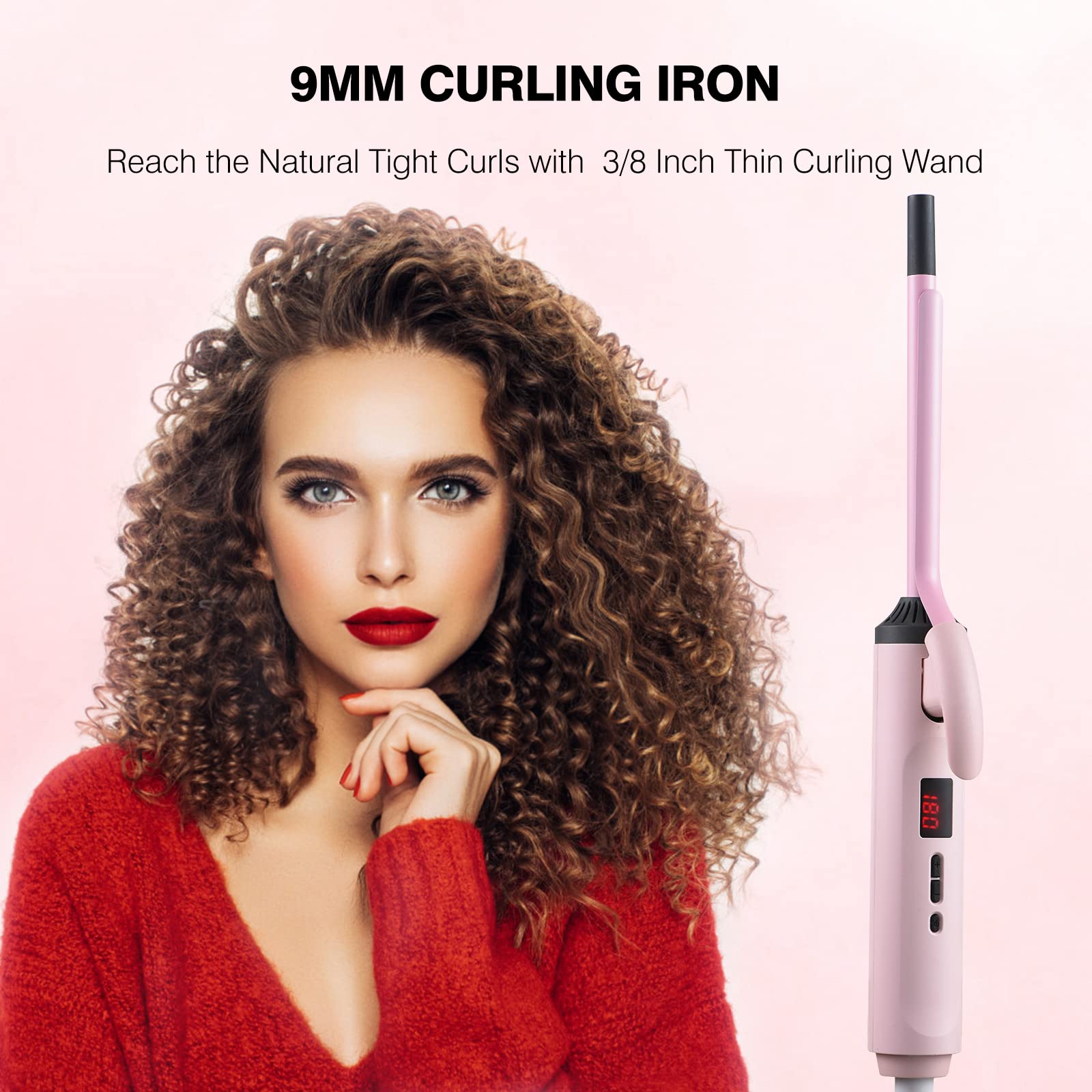 Small Curling Iron for Short Hair,3/8 Inch Small Barrel Skinny Hair Curling Tongs ,9mm Thin Curling Iron Wand ,Dual Voltage Fast Heating Adjustable Temperature