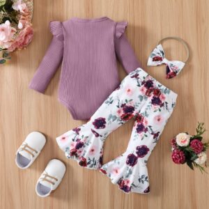 GRNSHTS Newborn Baby Girl Clothes Infant Baby Ruffle Long Sleeve Romper+Floral Flare Pants Bell Bottoms Outfit(Purple,0-3 Months)