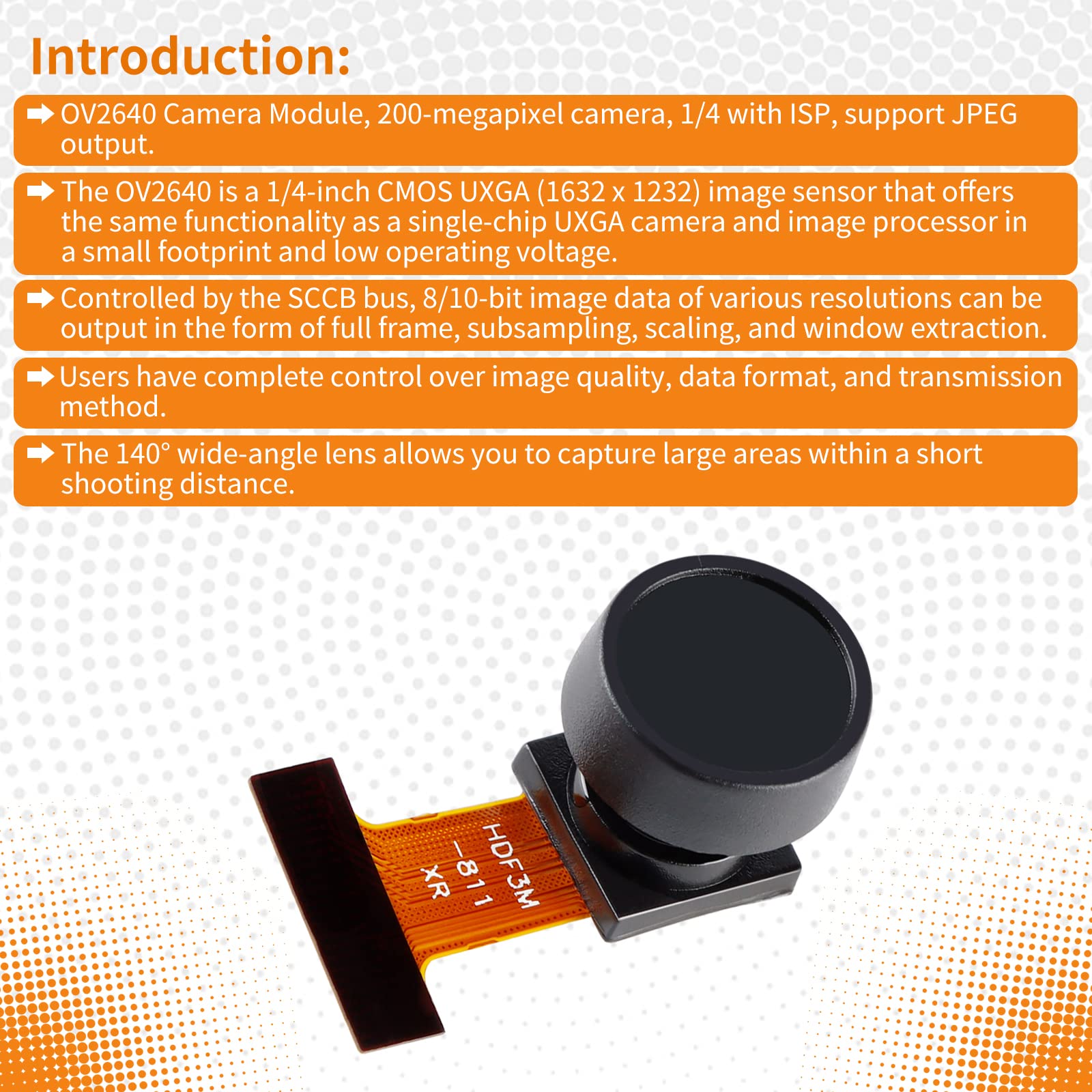 JESSINIE OV2640 Camera Module 200W Pixel Large Wide Angle 140 Degree Monitoring Identification Cam Module 2MP CMOS Mini Camera 24P Connector Support JPEG Output