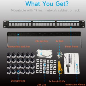 Lysymixs Cat6 Patch Panel 24 Port with Keystone, RJ45 Network Patch Panel 19 Inch, Punch Down Keystone Ethernet Patch Panel with Back Bar