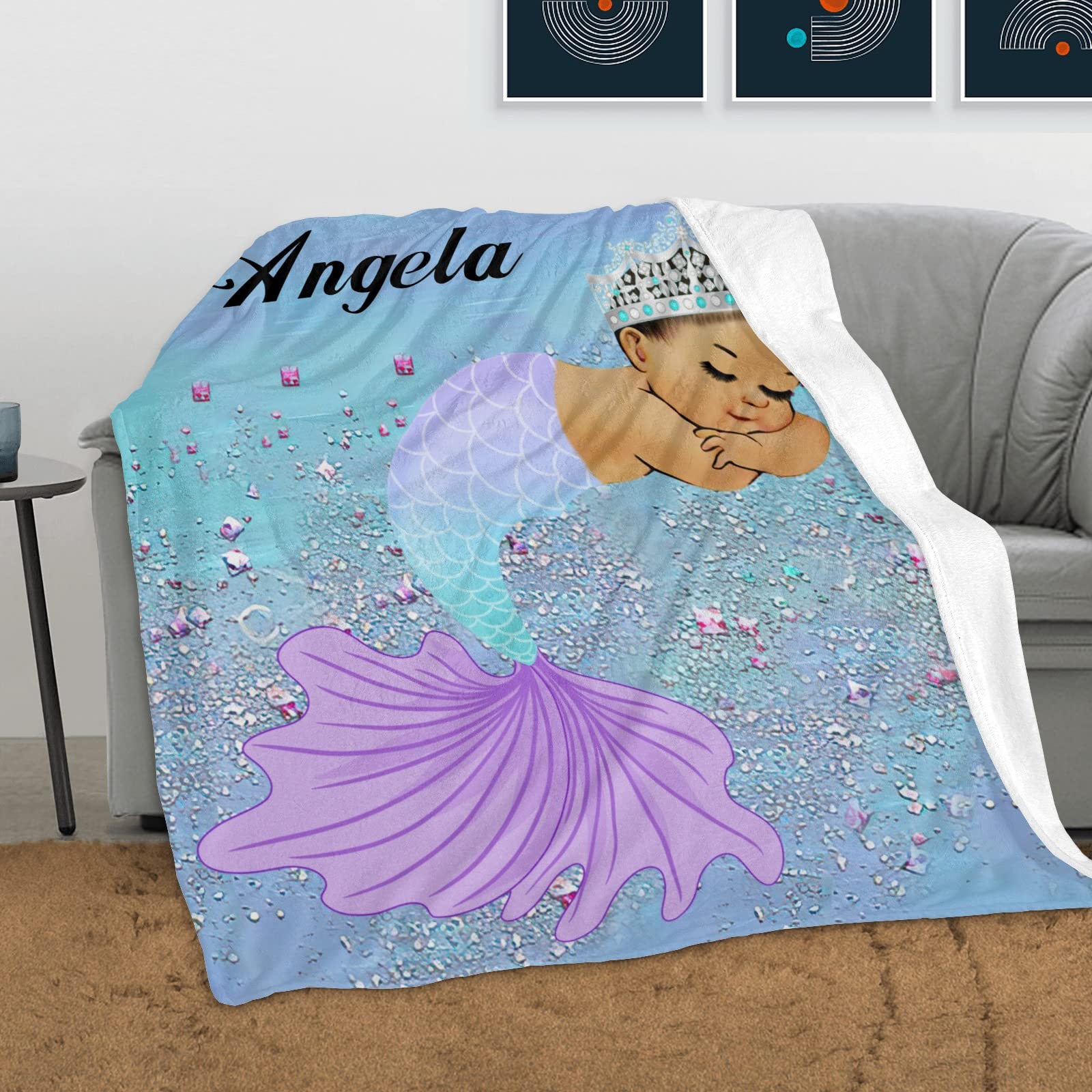 Cute African American Girl Mermaid Personalized Baby Blanke Name Soft Fleece Swadding Blankets Throw for Newborn Baby Girls Boys Pet Nursery 30'' x 40''