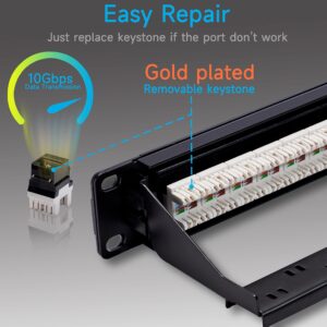 Lysymixs Cat6 Patch Panel 24 Port with Keystone, RJ45 Network Patch Panel 19 Inch, Punch Down Keystone Ethernet Patch Panel with Back Bar