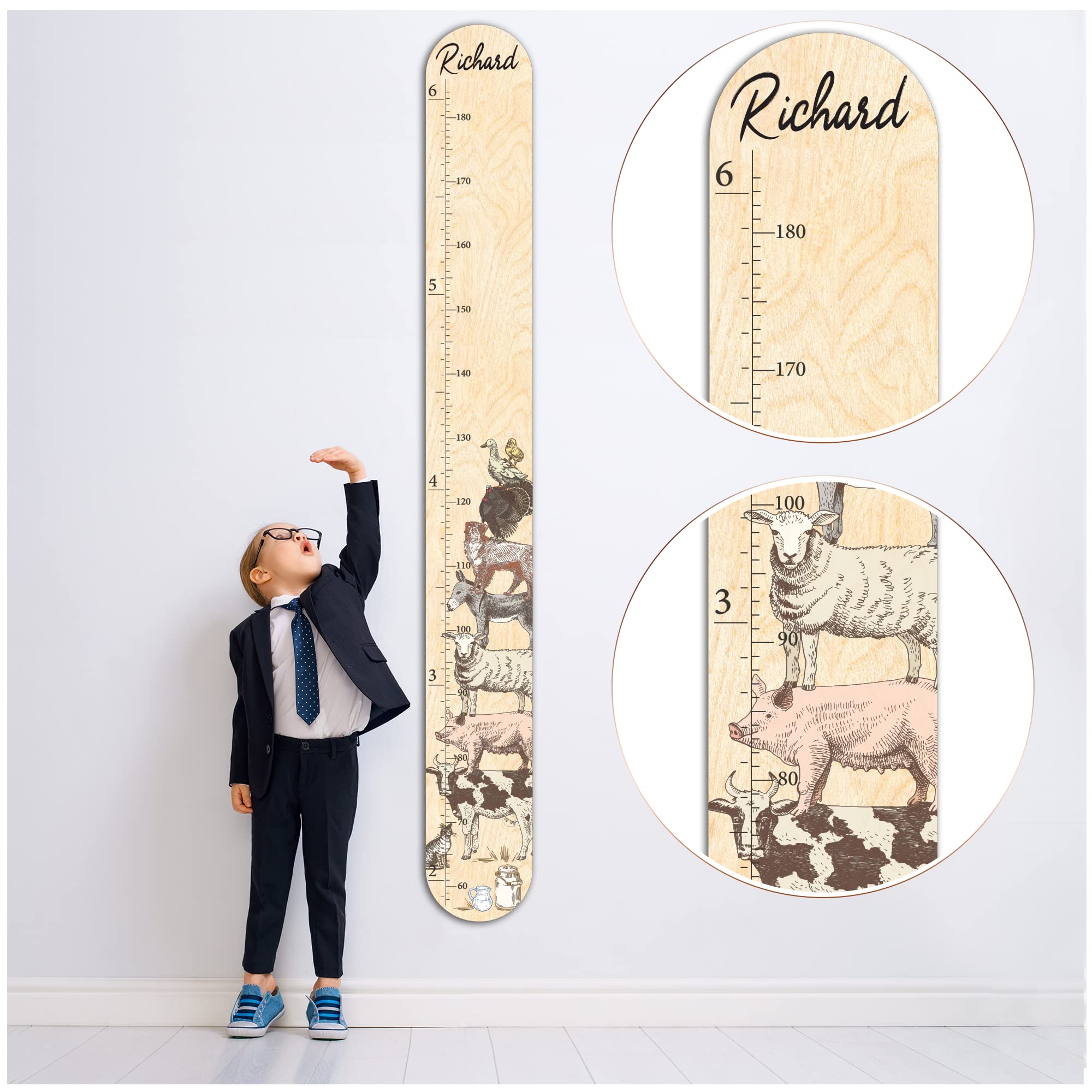 Personalized Wooden Growth Chart for Kids, Boys & Girls | Custom Height Measurement Wall Chart Ruler | Kids Bedroom, Playroom, Room Decor, Child's Room Decoration (Farm Friends)