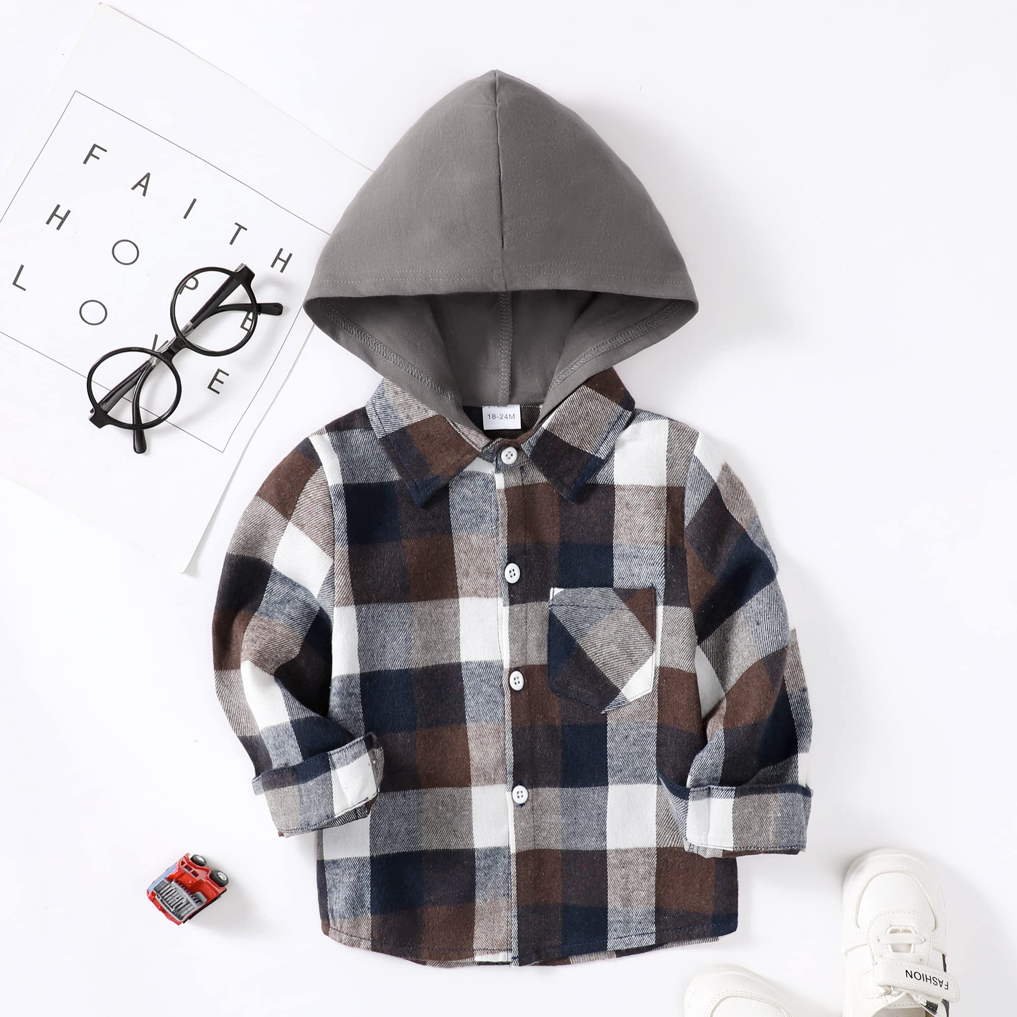 Toddler Boy Girls Clothes Plaid Long Sleeve Shirt Boys Collared Hooded Flannel Shirt Top Fall Jacket Outfits Yellow 2T 3T Button Down Shirt