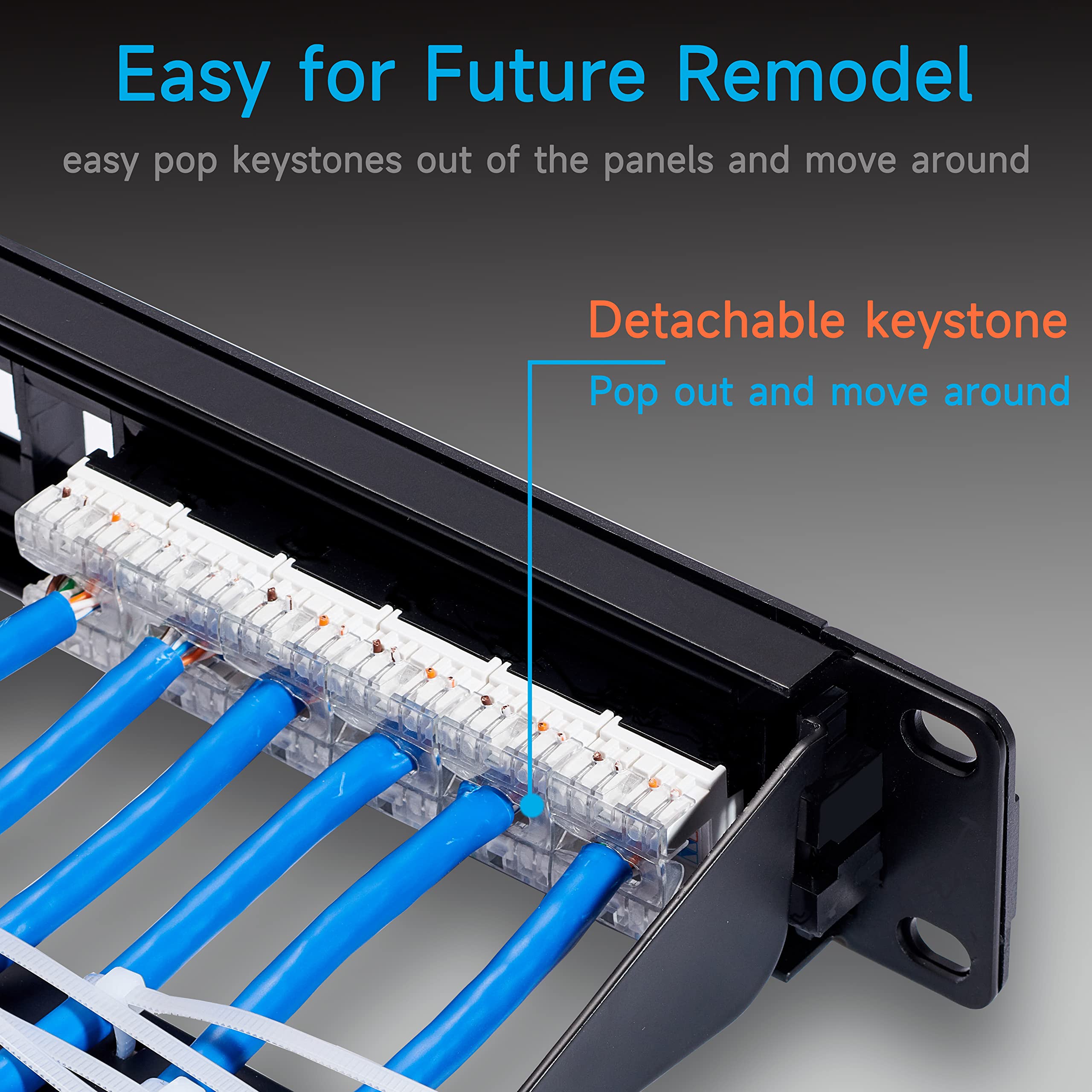 Lysymixs Cat6 Patch Panel 24 Port with Keystone, RJ45 Network Patch Panel 19 Inch, Punch Down Keystone Ethernet Patch Panel with Back Bar