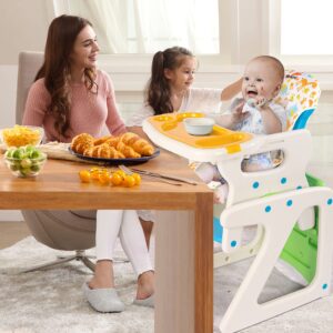 Baby High Chair, Toddler Chair Highchairs with Adjustable Seat Back Detachable Seat Cushion and Double Removable Tray for Baby Infants Toddlers, Easy to Clean, Green