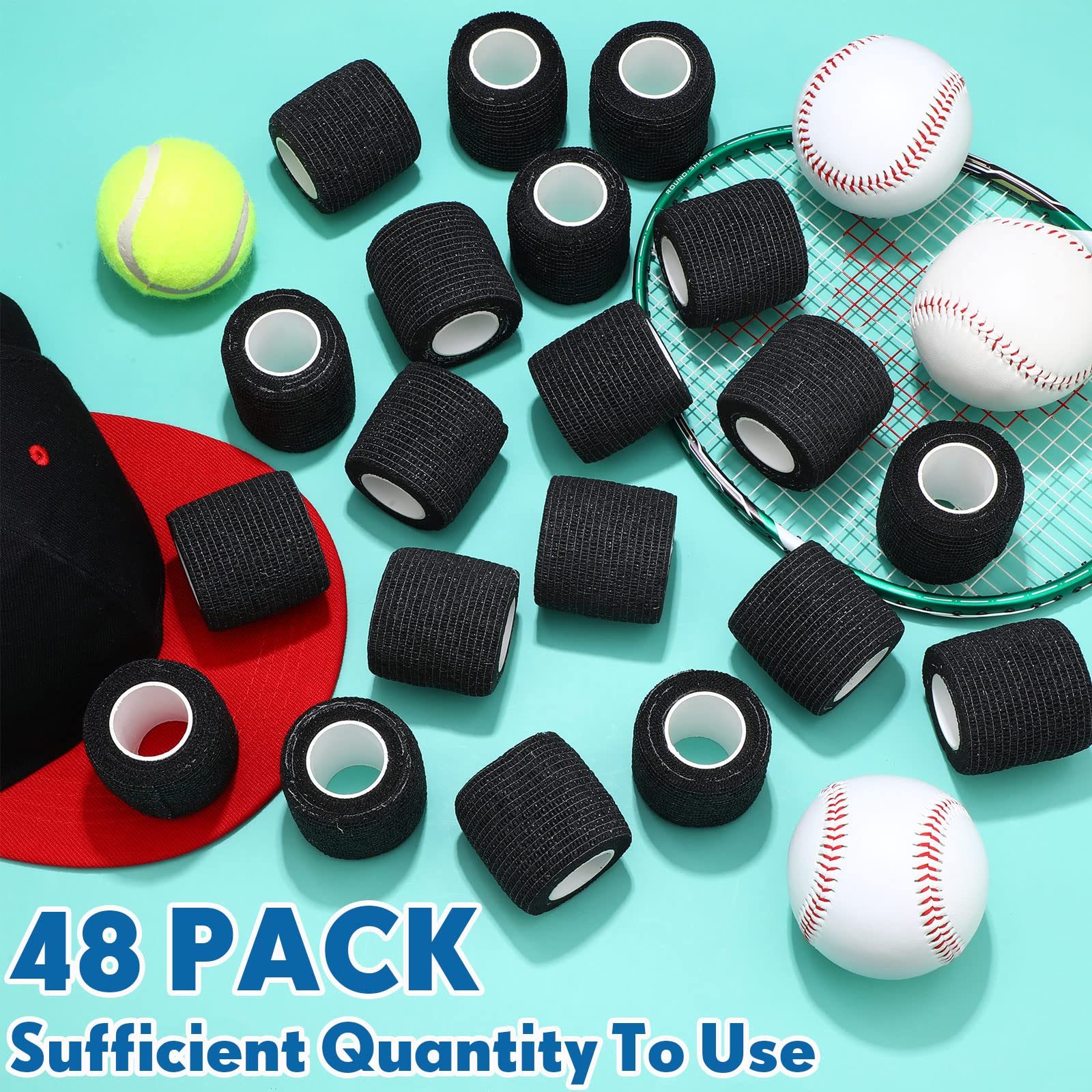 48 Pack Self Adhesive Wrap Bandages Bulk, 2 Inch x 5 Yard Breathable Athletic Tape Self Adherent Cohesive Bandage Tape for Sports, Injuries, Treatment, First Aid Tape Vet Wrap for Pets (Black)