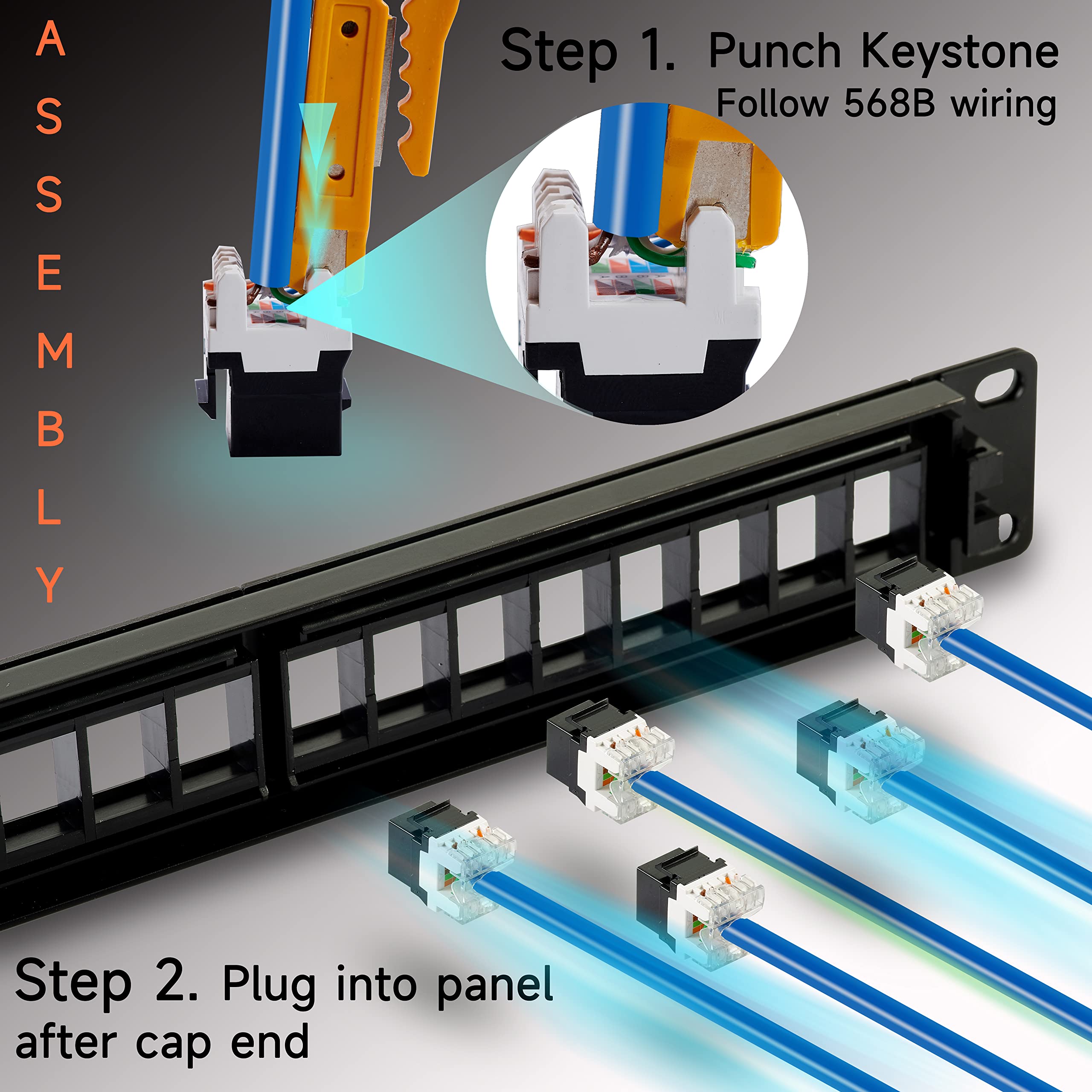 Lysymixs Cat6 Patch Panel 24 Port with Keystone, RJ45 Network Patch Panel 19 Inch, Punch Down Keystone Ethernet Patch Panel with Back Bar