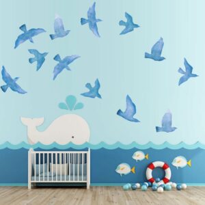 Blue Seagull Wall Sticker Party Decor Supply Kit for 1st Birthday Princess Under The Sea Baptism Mermaid Baby Shower Hawaiian Pool Holiday Anti-Collision Window Bird Stickers (Blue Seagull)