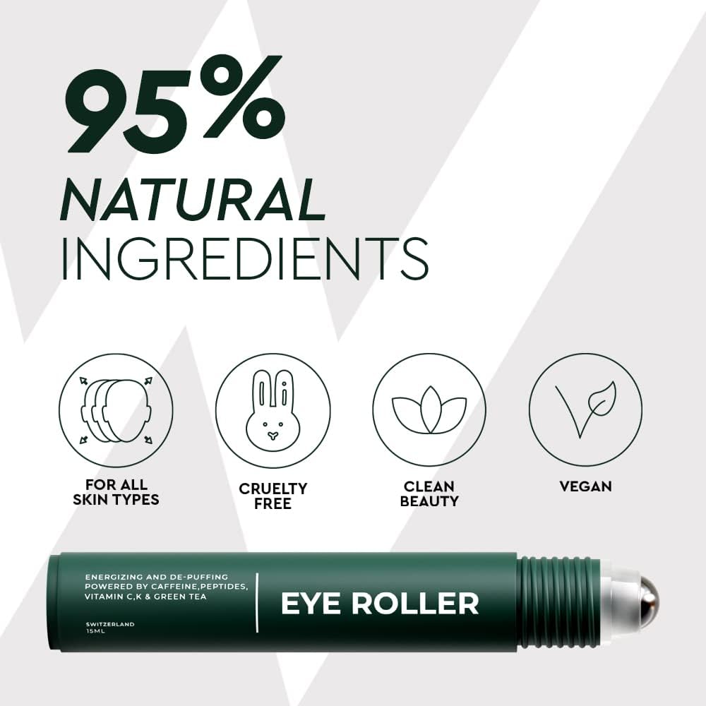 Wolf Project Under Eye Roller - Korean Beauty, with Caffeine, Vitamin C and Peptides - Energizing Serum for Dark Circles and Puffiness, Fine Lines, Wrinkles - Gel-Based Brightening Cream