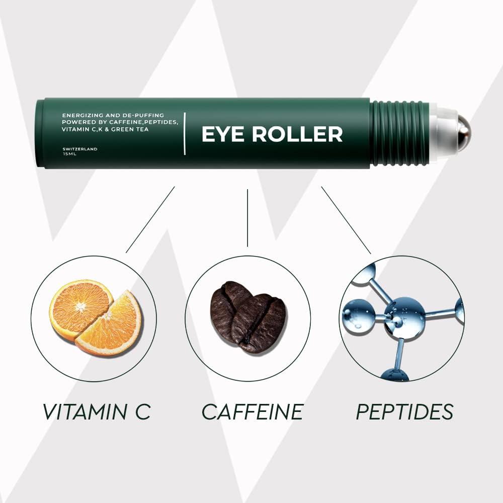 Wolf Project Under Eye Roller - Korean Beauty, with Caffeine, Vitamin C and Peptides - Energizing Serum for Dark Circles and Puffiness, Fine Lines, Wrinkles - Gel-Based Brightening Cream