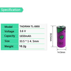 STEPMAX (2 Pack Tadiran Tl-5955 2/3AA 3.6V 1650mAh Lithium Battery Replacement for Tadiran TL-2155, TL-4955, TL-5155, TL-5955, SL-361, Xeno XL-055F, ER14335