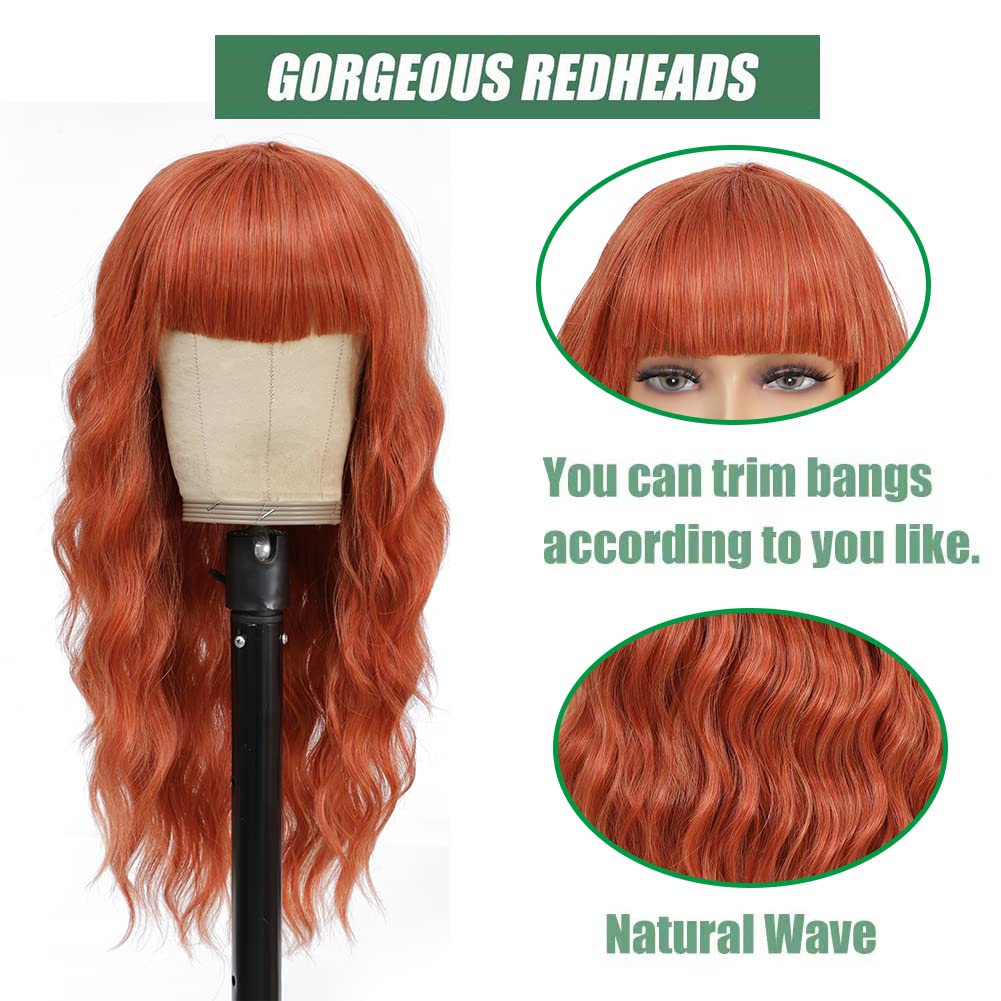 SOKU Ginger Wavy Wig with Air Bangs Women's Short Bob 20 Inch Ginger Red Hair Wave Synthetic Curly Cosplay Wig for Girls Daily Use Colorful Redhead Wigs