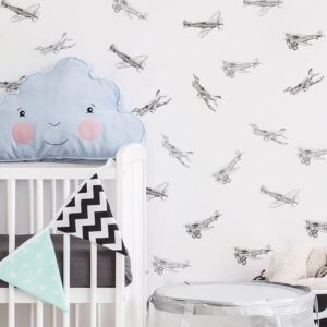 astrkiz boy vintage planes wall decals peel and stick, sketch airplane wall sticker for baby boys room kids room playroom gender neutral room nursery wall art stickers decor