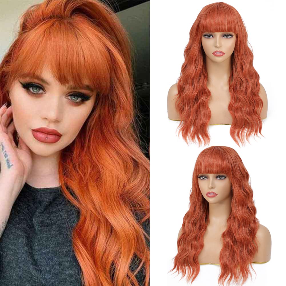 SOKU Ginger Wavy Wig with Air Bangs Women's Short Bob 20 Inch Ginger Red Hair Wave Synthetic Curly Cosplay Wig for Girls Daily Use Colorful Redhead Wigs