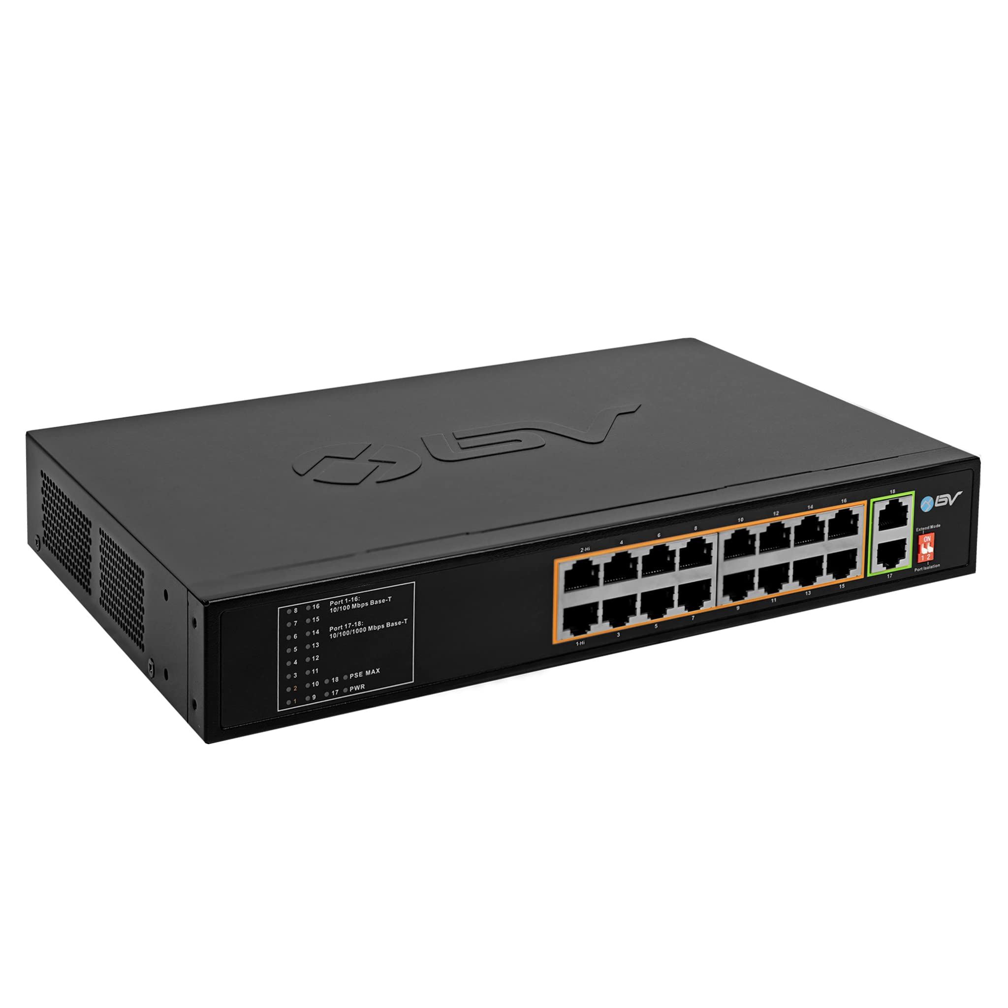 BV-Tech 18 Ports Long Range PoE+ Switch (16 PoE+ Ports | 2 Gigabit Ethernet uplink) - 19" Rackmount - 135W - 802.3af/at -Desktop Design for Easy Set Up