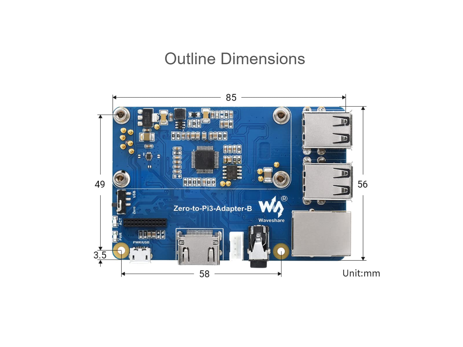 waveshare Pi Zero 2W to Raspberry Pi 3B/B+ Adapter,Based on Raspberry Pi Zero 2W to Reproduce The Original Appearance of The 3B Series,Alternative Solution for Raspberry Pi 3 Model B/B+