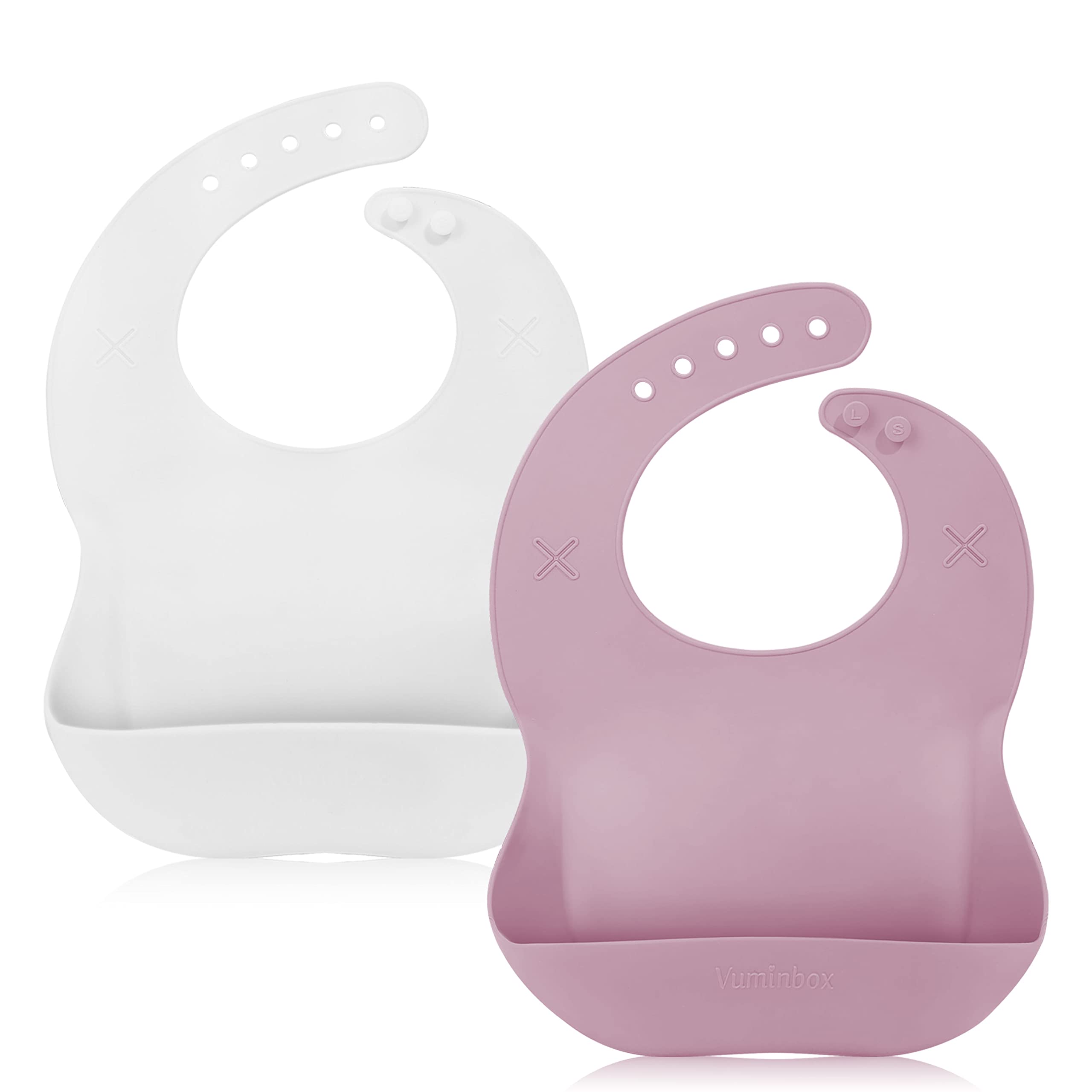 vuminbox Silicone Baby Bib with 2 Holes for Paper Towel, Adjustable Fit Waterproof Soft Bibs for Babies & Toddlers (10-72 Months) (White + Snow Coral Pink)