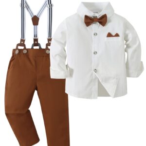 YALLET Toddler Baby Boy Clothes Suit Gentleman Outfits Formal Dress Shirt + Bowtie + Suspender Pants Wedding Party(L White, 2-3T)