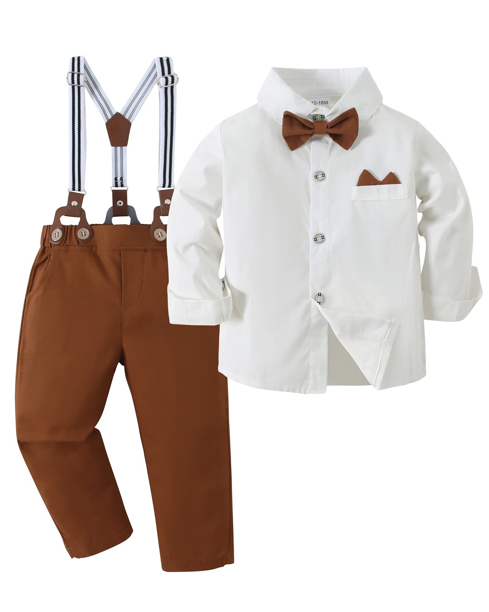 YALLET Toddler Baby Boy Clothes Suit Gentleman Outfits Formal Dress Shirt + Bowtie + Suspender Pants Wedding Party(L White, 2-3T)