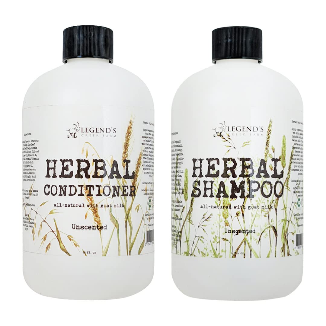 Legend's Creek Farm, Herbal Goat Milk Shampoo Bundle with Conditioner, Gently Cleansing, Soothing, Nourishing, and Deeply hydrating, Handmade in USA, 16 fl. Oz (Unscented)