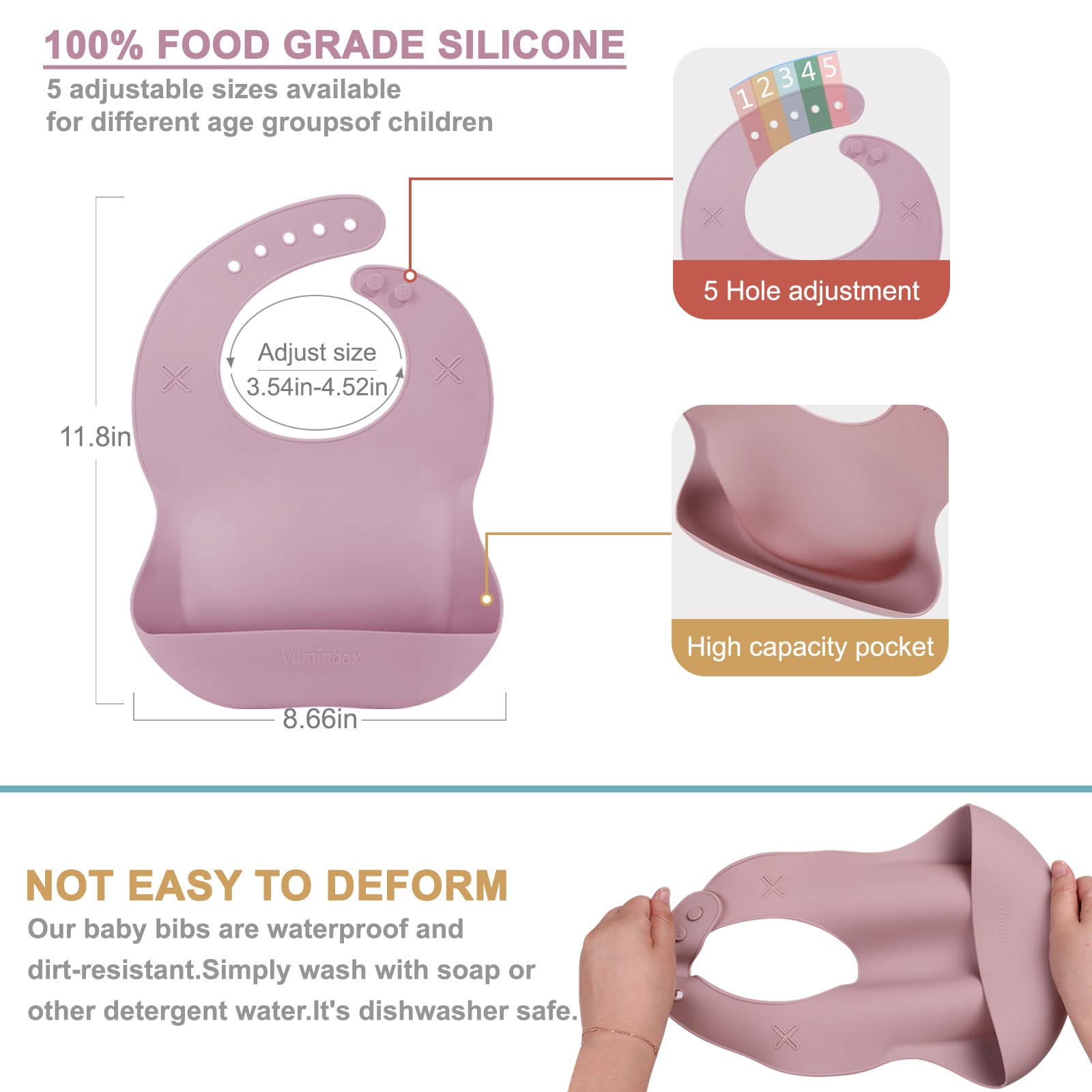 vuminbox Silicone Baby Bib with 2 Holes for Paper Towel, Adjustable Fit Waterproof Soft Bibs for Babies & Toddlers (10-72 Months) (White + Snow Coral Pink)