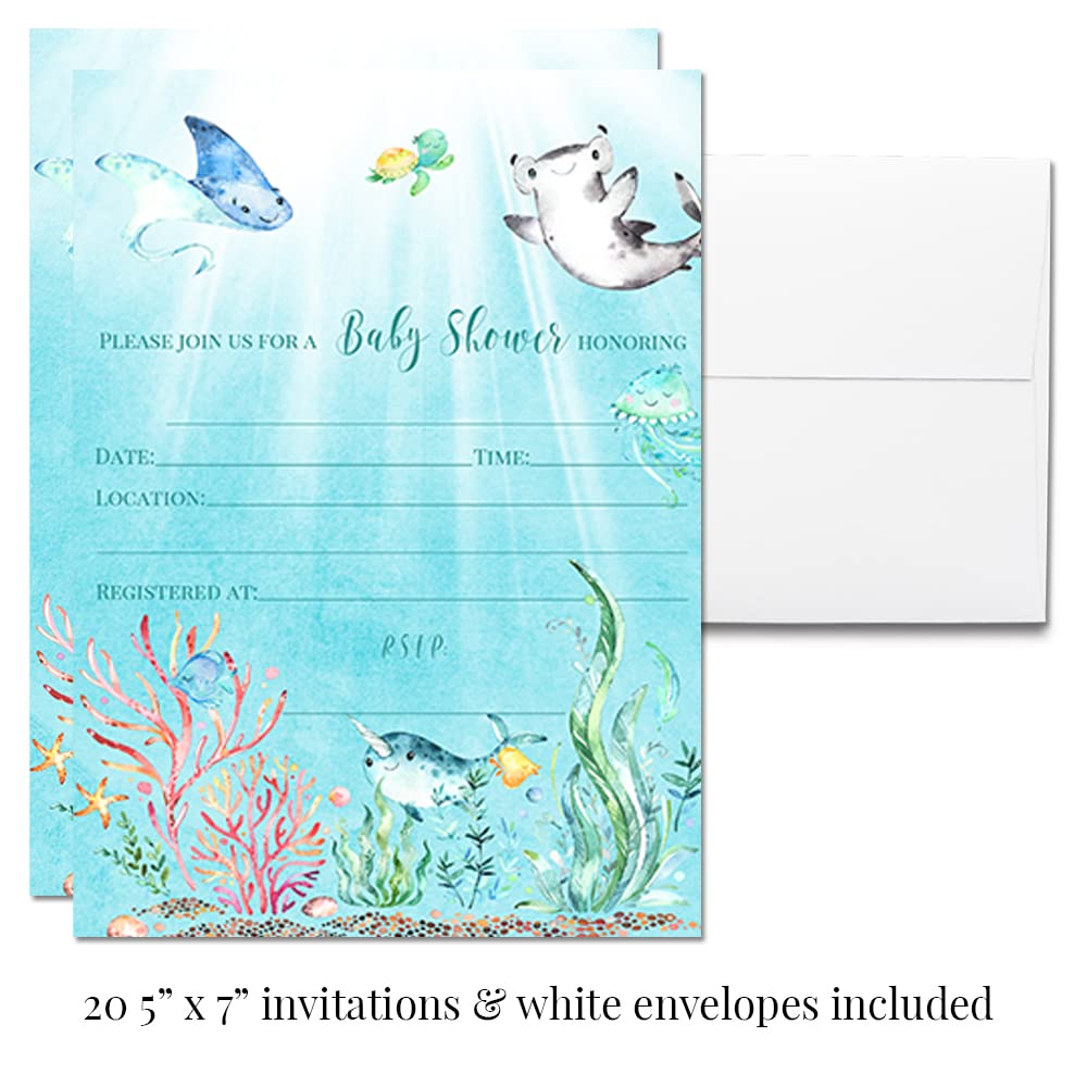 Amanda Creation Underwater Cute Sea Life Baby Shower Party Bundle Includes 20 each of Invitations with Envelopes + 4 Different Sizes of Decorative Stickers, Diaper Tickets & Bring a Book Cards