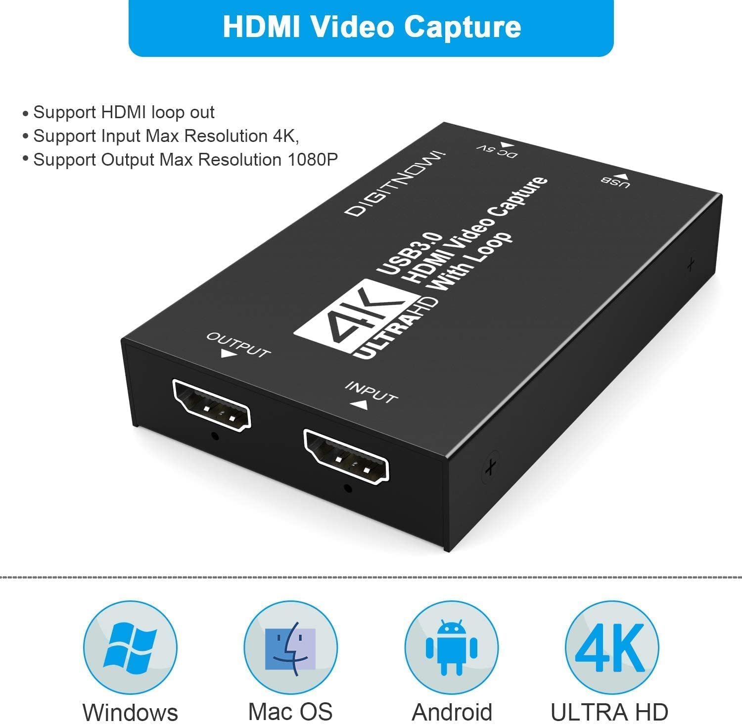 Video Capture Card, 4K HDMI Video Capture, USB 3.0 Game Capture Card, Video Capture Device Full HD 1080p 60FPS for Live Streaming, Work with PS4/PS5/Xbox/PC/Mac Linux Android Windows 10/11