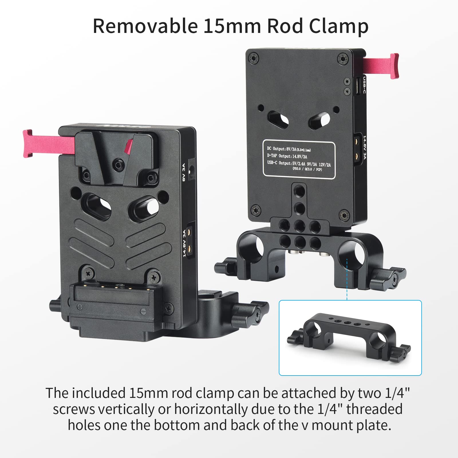 Nitze V Mount Battery Plate, V Mount Plate with 15mm Rod Clamp, 8V/3A DC, 14.8V/3A D-tap and PD 3.0 USB-C Output Ports - N21-D7