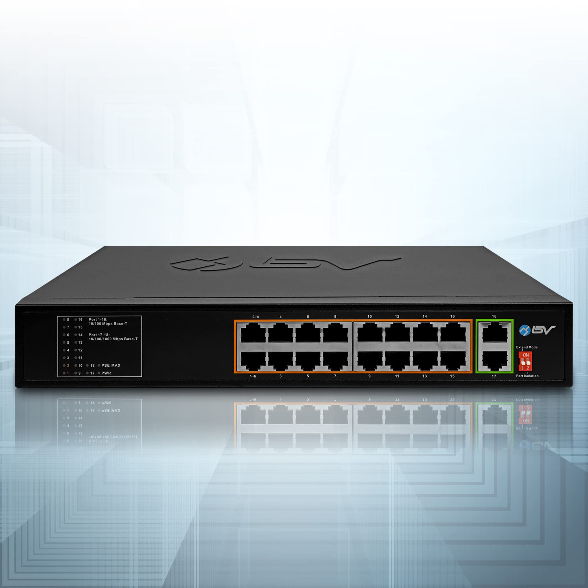 BV-Tech 18 Ports Long Range PoE+ Switch (16 PoE+ Ports | 2 Gigabit Ethernet uplink) - 19" Rackmount - 135W - 802.3af/at -Desktop Design for Easy Set Up