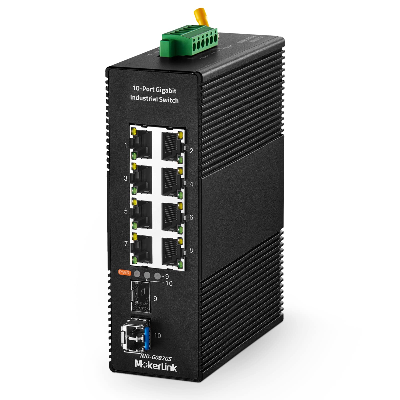 MokerLink 8 Port Gigabit Industrial DIN-Rail Ethernet Switch, 2 SFP Ports with 1 LC 20KM Module(SMF), IP40 Rated Unmanaged Network Switch (-40 to 185°F), with UL Power Supply