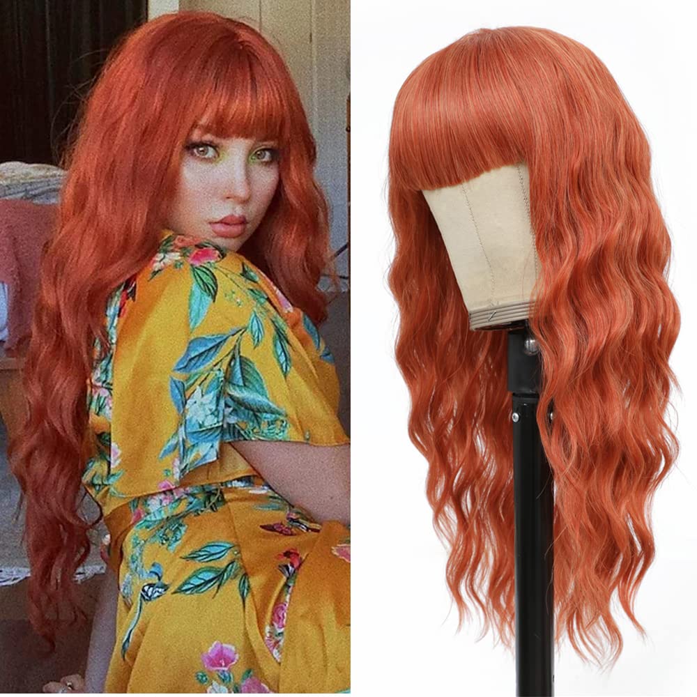 SOKU Ginger Wavy Wig with Air Bangs Women's Short Bob 20 Inch Ginger Red Hair Wave Synthetic Curly Cosplay Wig for Girls Daily Use Colorful Redhead Wigs