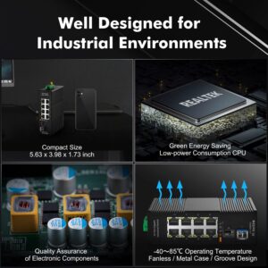 MokerLink 8 Port Gigabit Industrial DIN-Rail Ethernet Switch, 2 SFP Ports with 1 LC 20KM Module(SMF), IP40 Rated Unmanaged Network Switch (-40 to 185°F), with UL Power Supply