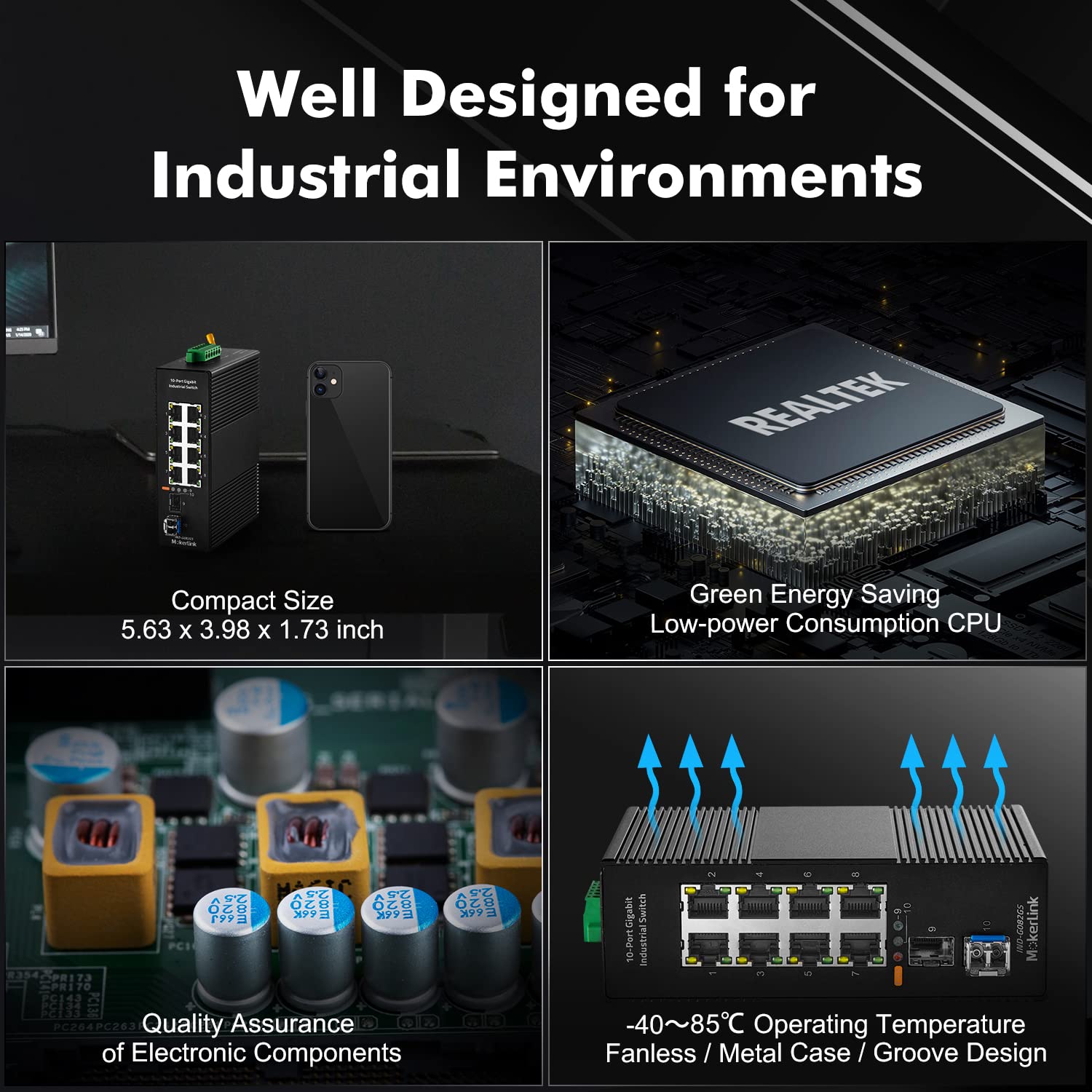 MokerLink 8 Port Gigabit Industrial DIN-Rail Ethernet Switch, 2 SFP Ports with 1 LC 20KM Module(SMF), IP40 Rated Unmanaged Network Switch (-40 to 185°F), with UL Power Supply