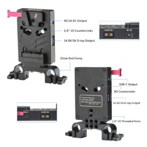 Nitze V Mount Battery Plate, V Mount Plate with 15mm Rod Clamp, 8V/3A DC, 14.8V/3A D-tap and PD 3.0 USB-C Output Ports - N21-D7