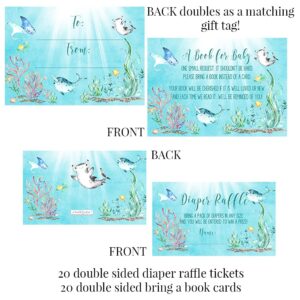 Amanda Creation Underwater Cute Sea Life Baby Shower Party Bundle Includes 20 each of Invitations with Envelopes + 4 Different Sizes of Decorative Stickers, Diaper Tickets & Bring a Book Cards