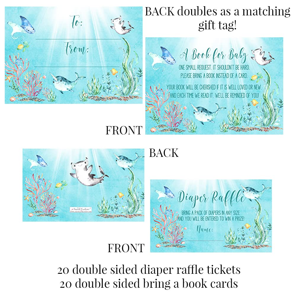 Amanda Creation Underwater Cute Sea Life Baby Shower Party Bundle Includes 20 each of Invitations with Envelopes + 4 Different Sizes of Decorative Stickers, Diaper Tickets & Bring a Book Cards