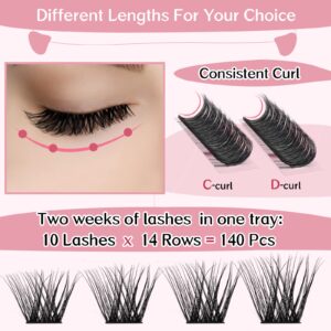 Lash Clusters 140 Pcs Cluster Lashes 14 Pairs Eyelash Clusters DIY Eyelash Extension Individual Cluster Eyelashes Mix Length Fluffy Super Thin Band Reusable Soft & Comfortable(Flipped-D-mix)