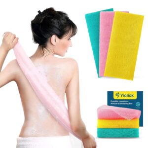 yiclick exfoliating body scrubber, back scrubber for shower bath, exfoliating washcloth towel for men women, body exfoliator loofah luffa sponge net rag back washer (green+pink+yellow)